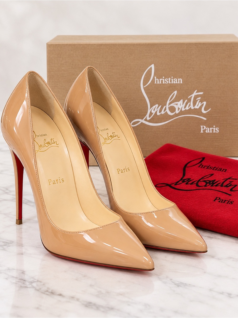 Christian Louboutin Nude Patent Stiletto Pumps with Red Sole